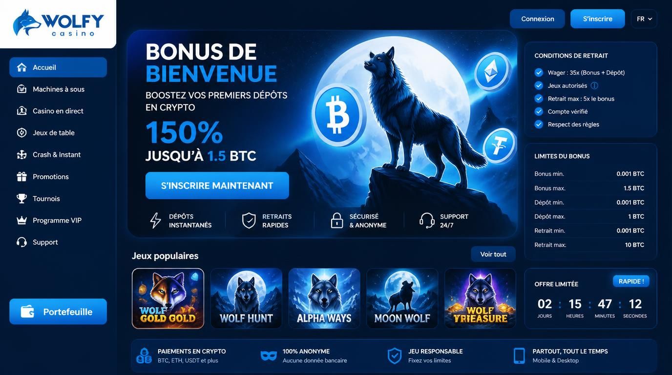 Visuel avec une banniÚre Bonus de bienvenue crypto, limite de retrait affichée